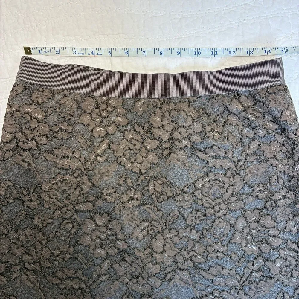 Loft brown lace overlay pencil skirt sz 8 elastic waist knee length feminine